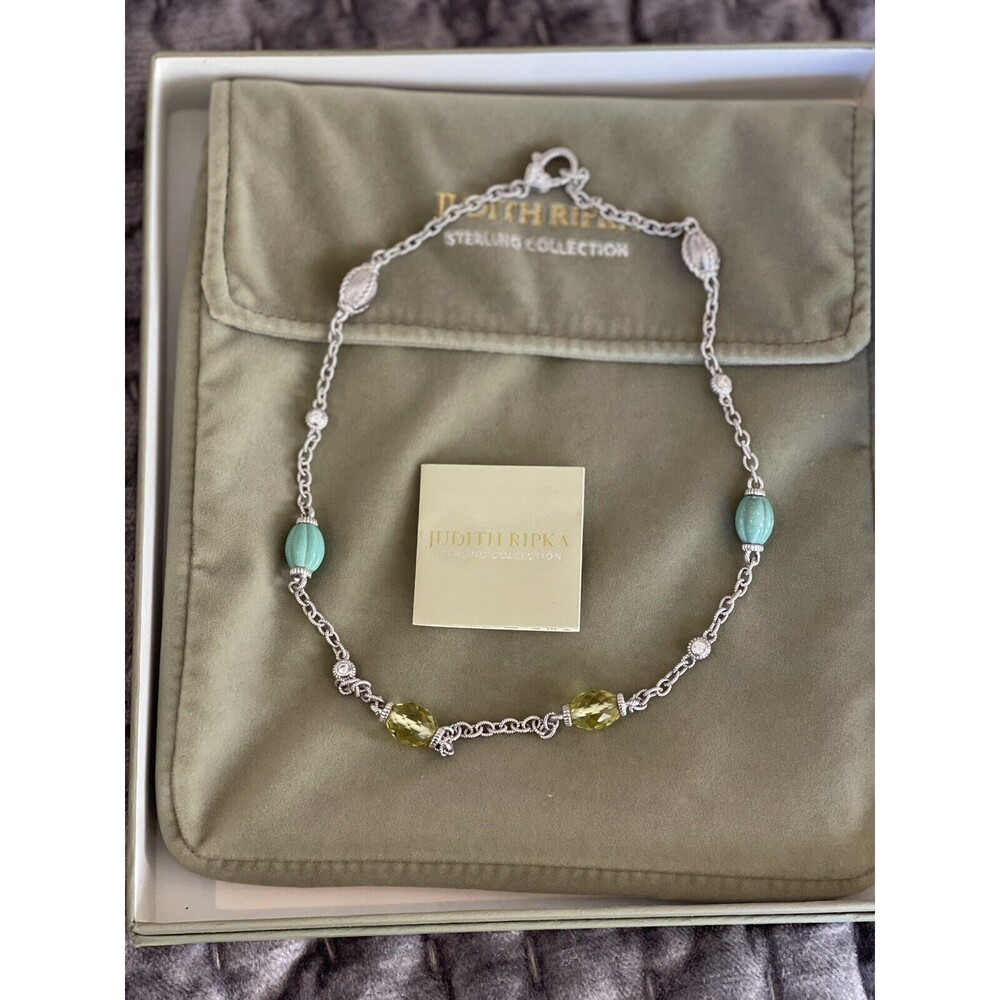 Judith Ripka Sterling Turquoise Faceted Lemon / Limon Quartz Diamonique Necklace